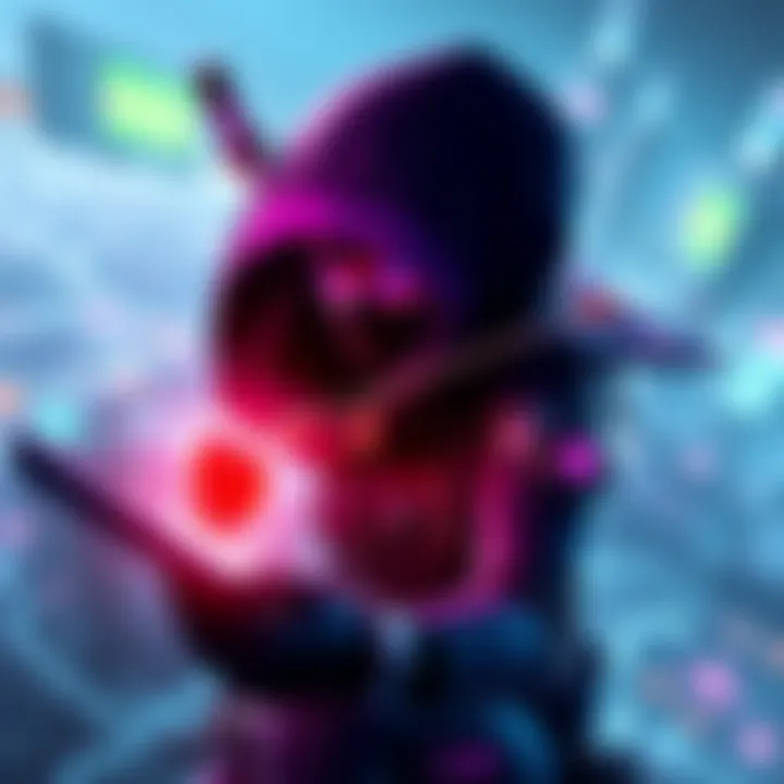 A character resembling Sombra, a stealthy figure, hacking a health pack on a futuristic map while keeping an eye out for enemies