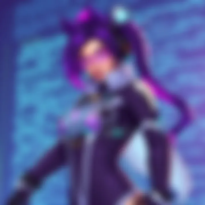A digital illustration of Sombra, the character from Overwatch, showing her in a dynamic pose with her bright purple hair and futuristic outfit, set against a backdrop of digital code.