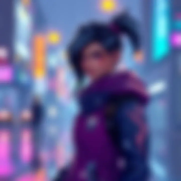 Sombra standing in the rain without a raincoat, showcasing her playful expression and colorful background