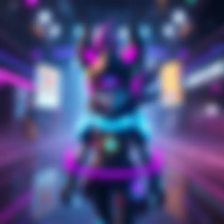 A character resembling Sombra, shown shrinking in a digital scene, surrounded by colorful lights and effects.