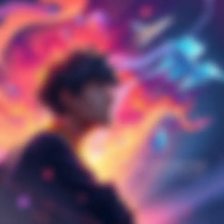 A scene illustrating Somu lost in thought, with colorful dream imagery swirling around him, representing his aspirations and choices.