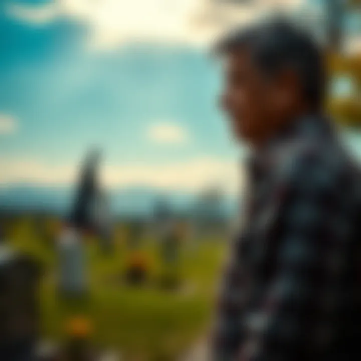 Son saying goodbye to father A son stands by his father's grave, looking emotional as he reflects on their shared memories.