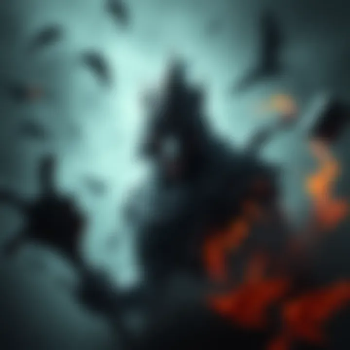 A depiction of Songbird, a complex character with a fierce expression, surrounded by dark and chaotic elements symbolizing her moral ambiguity, set against a gaming backdrop.