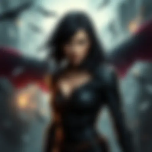 A dark-haired woman with a fierce expression, wearing a black outfit with wings, standing defiantly amidst chaos.