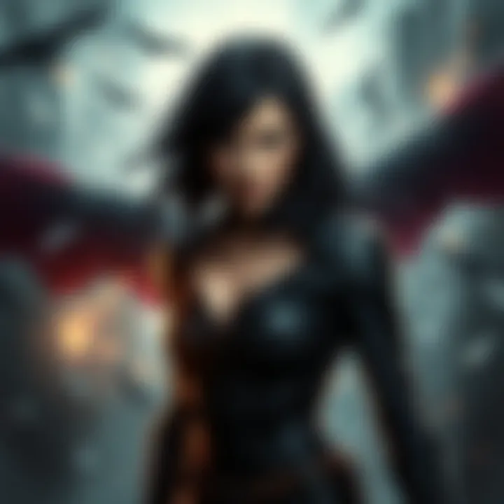 A dark-haired woman with a fierce expression, wearing a black outfit with wings, standing defiantly amidst chaos.