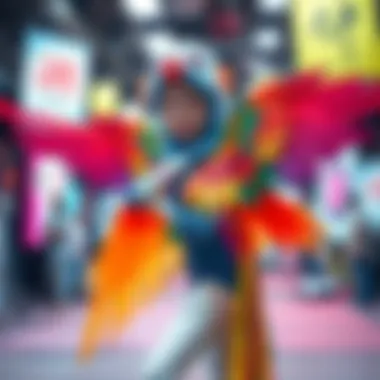 A person in a colorful Songbird costume posing in a vibrant Tokyo studio setting, showcasing intricate details and creativity.