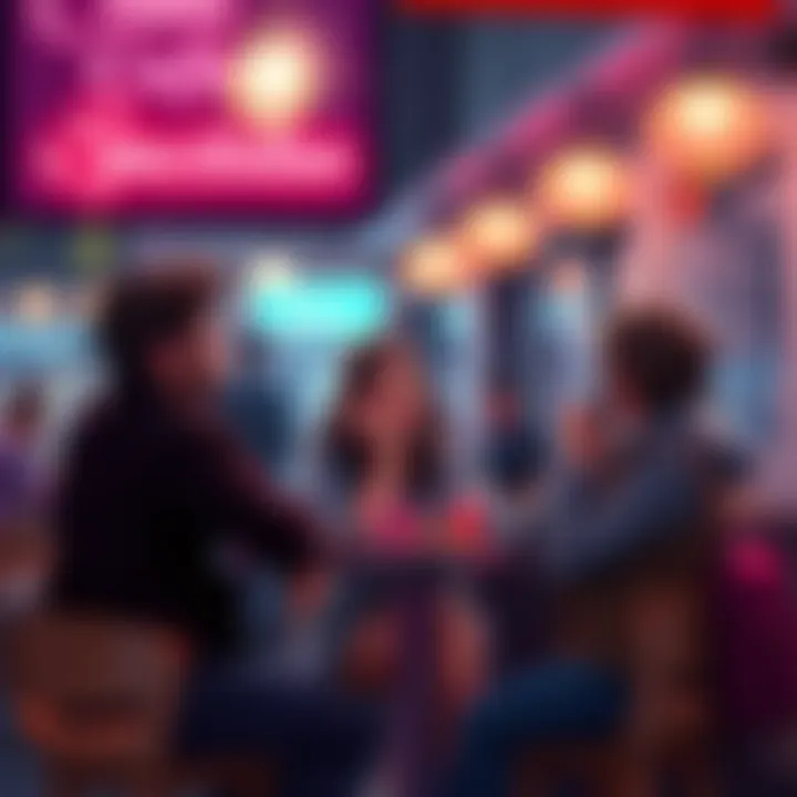 A group of people discussing the arrival of a new character named Sonia at a cafe, showing excitement and curiosity.