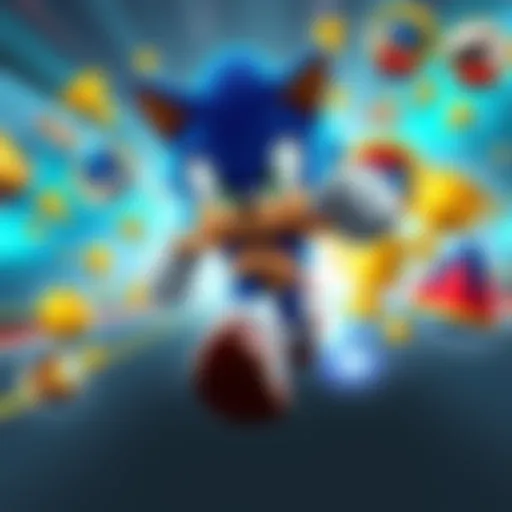Sonic the Hedgehog racing forward, surrounded by trophies and achievement icons, showcasing key moments from the games