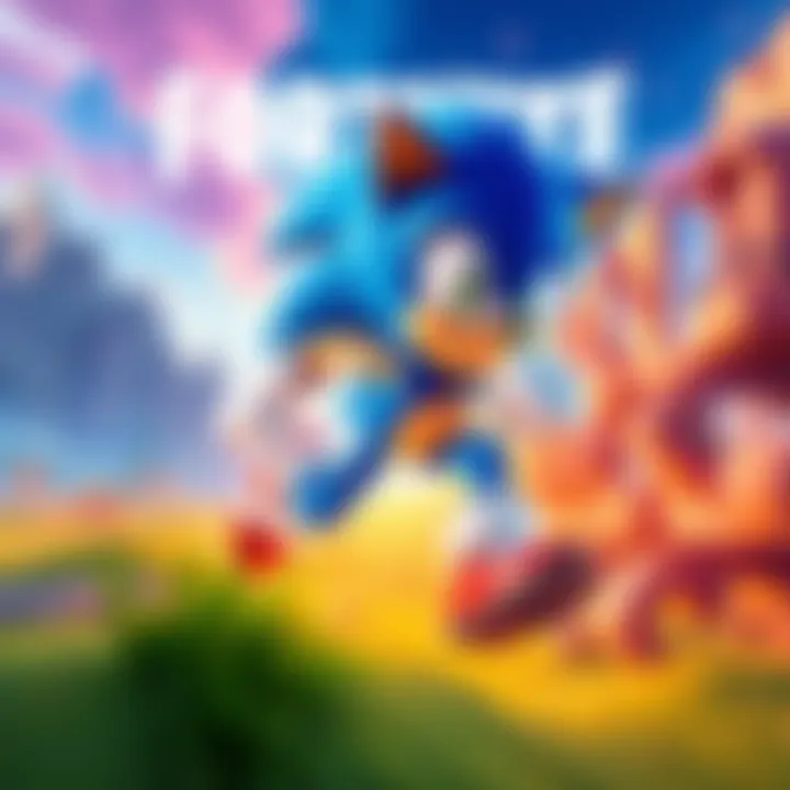 Sonic the Hedgehog running in a colorful Fortnite landscape