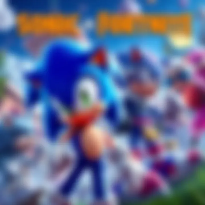 Sonic character alongside Fortnite characters in a vibrant gaming scene