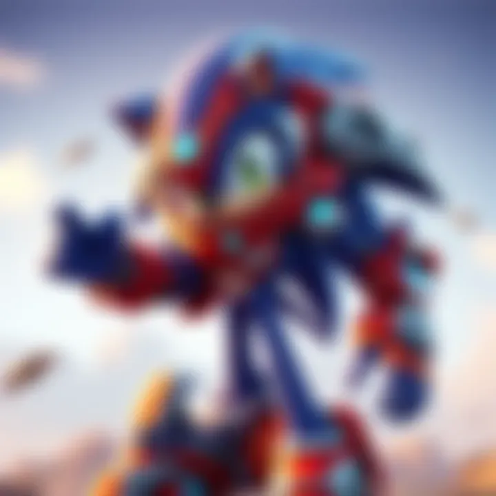 Sonic the Hedgehog wearing a futuristic mech suit, ready for battle in Fortnite. The mech is colorful with blue accents and has a sleek design.