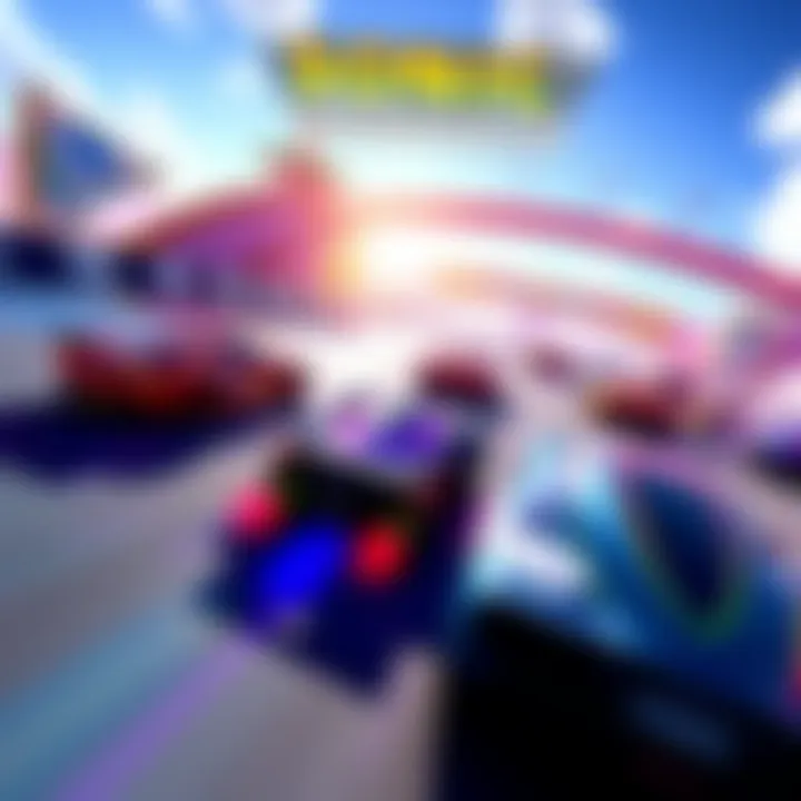 A bright scene from Sonic Racing Crossworlds showing colorful cars racing on a vibrant track, highlighting smooth graphics performance on a laptop.