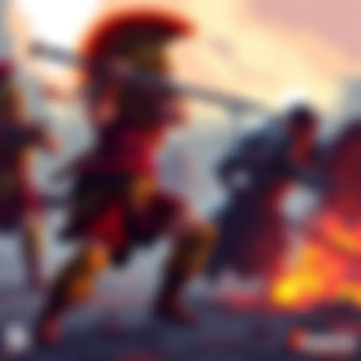 A vibrant pixel art scene showcasing combat in Sons of Sparta, featuring a warrior character in action against an enemy.