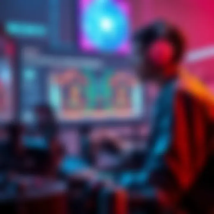 A player using a gaming console while an AI system analyzes their moves on a screen, showing adaptive challenges.