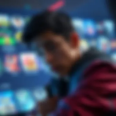 A gamer looking at digital game icons on a screen, reflecting the shift from physical copies to digital downloads, with a concerned expression.