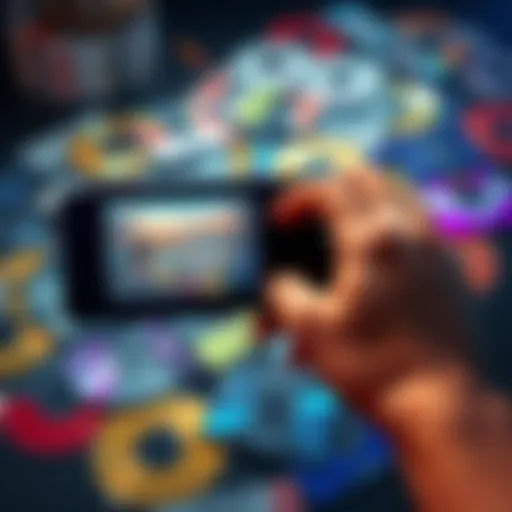 A person holding a digital device showing game graphics, with discarded physical game discs in the background