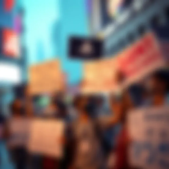 A group of frustrated gamers holding signs criticizing Sony's PS5 dynamic pricing in a public space.