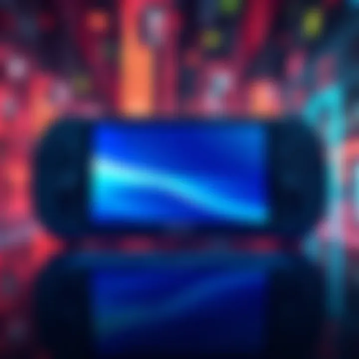 A sleek, modern handheld gaming console with a vibrant screen, buttons, and controls shown against a digital background. The design hints at new technology and gaming capabilities.