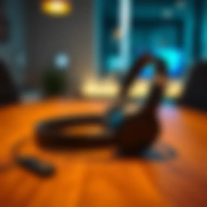 Sony Pulse Elite headset placed on a wooden table, showcasing its design and features