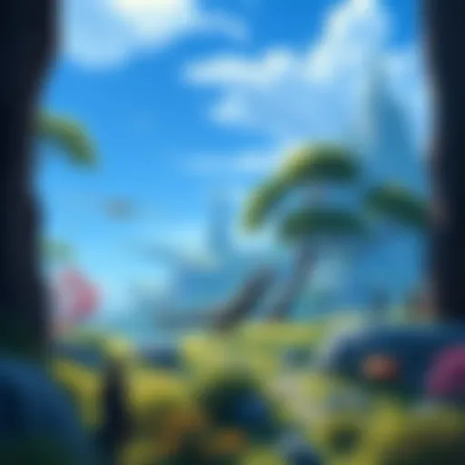 Concept art showcasing a vibrant landscape from the Horizon franchise with characters amidst a lush backdrop of technology and nature