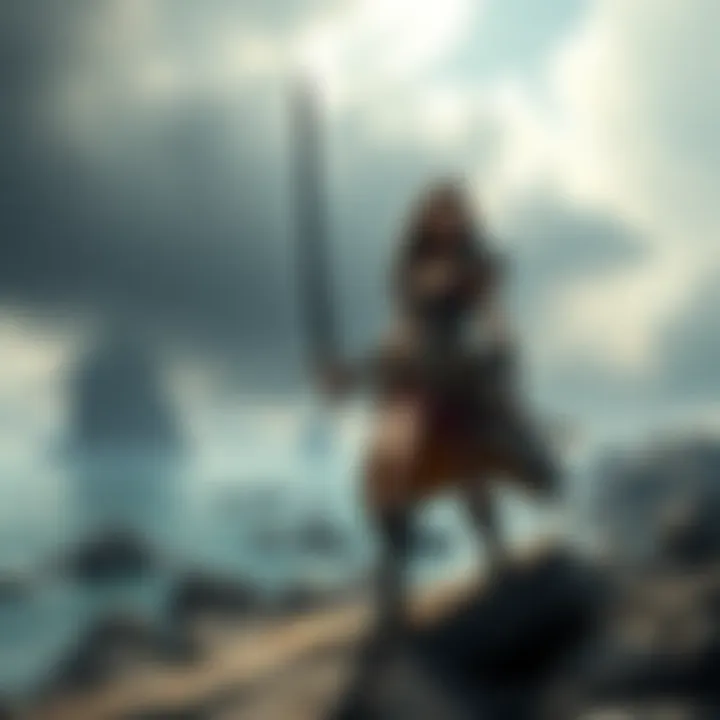 Sophia, a brave plunderer, stands on the rocky shores of Minotaur Island, ready to face mythical creatures and hidden dangers. She holds a sword and looks determined, with dark clouds looming above.