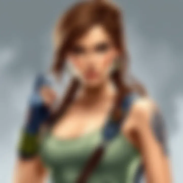 Drawing of Sophie Turner styled as Lara Croft, featuring her in action attire with a confident pose