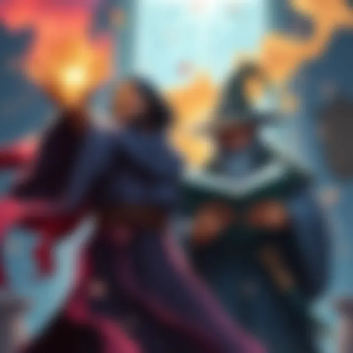 A Sorcerer with flowing robes conjuring magic with a wave of their hands, surrounded by vibrant energy. In the background, a studious Wizard reads from a large spellbook, symbolizing the contrast betw...
