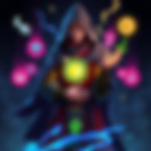 A character in a magical robe adjusting their gear and stats with glowing icons around them, representing different abilities and styles for the Sorcerer class.