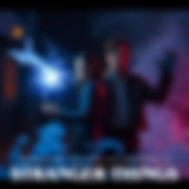 A character in a mystical setting, showcasing magic with an energy aura, while another character stands nearby, symbolizing a powerful connection, representing the Sorcerer and Patron roles in Stranger Things.