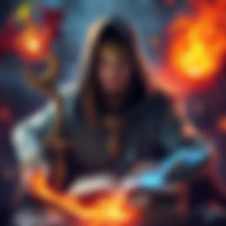 A fantasy scene showing a sorcerer pondering between Draconic and Spellfire subclasses, surrounded by magical elements and spellbooks.