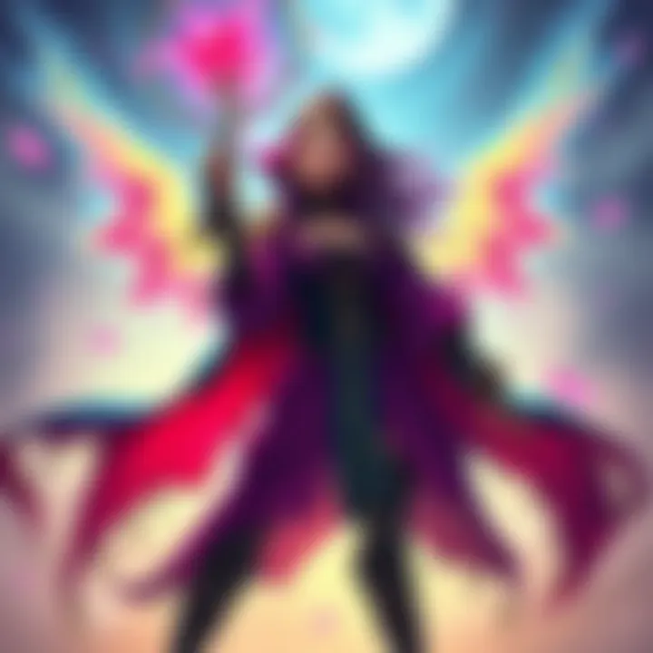 A striking illustration of Sorceress Sellen, showcasing her unique outfit and magical aura, capturing the essence of her character in a fantasy setting.