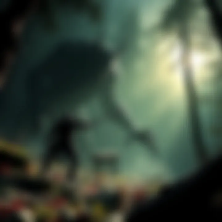 Soulful Combat Scene A character in dark armor fighting a large, shadowy creature in a mysterious, dark forest, showcasing intense gameplay and action