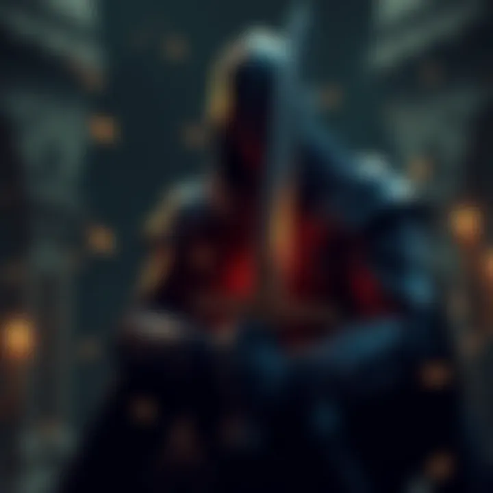 A dark, armored character holding a sword in a mystical, shadowy environment, showcasing the intense atmosphere of souls-like games.