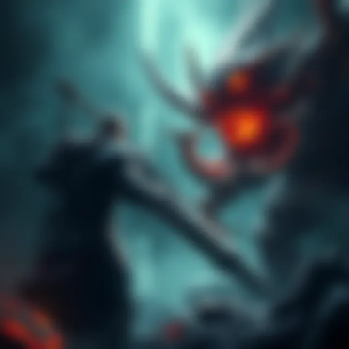 A fantasy warrior in a dark, gritty environment facing off against a monstrous enemy, showcasing the intense combat style of Soulslike games.