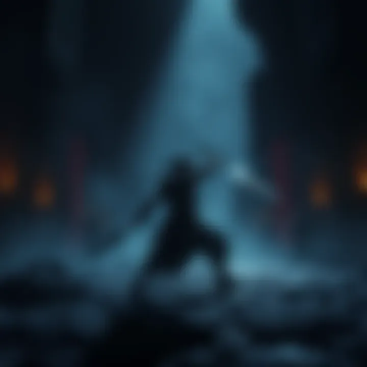 Soulslike game mechanics A dark, atmospheric environment showcasing unique gameplay elements like health regain and environmental interactions, featuring a character in battle stance with weapons drawn.