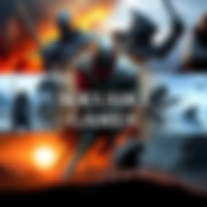 A collection of iconic characters and scenes from popular Soulslike games including a knight, a hunter, and a dark fantasy landscape.