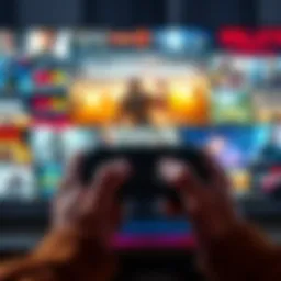A gamer holding a controller, surrounded by various Soulslike game titles displayed on a screen, showcasing exciting gameplay options.
