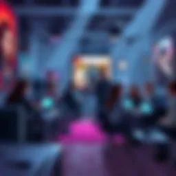 A group of gamers debating the Soulsvania game in a lively forum setting with posters and consoles around them.