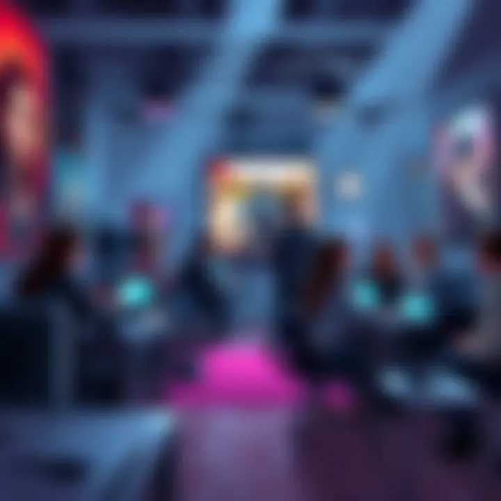 A group of gamers debating the Soulsvania game in a lively forum setting with posters and consoles around them.