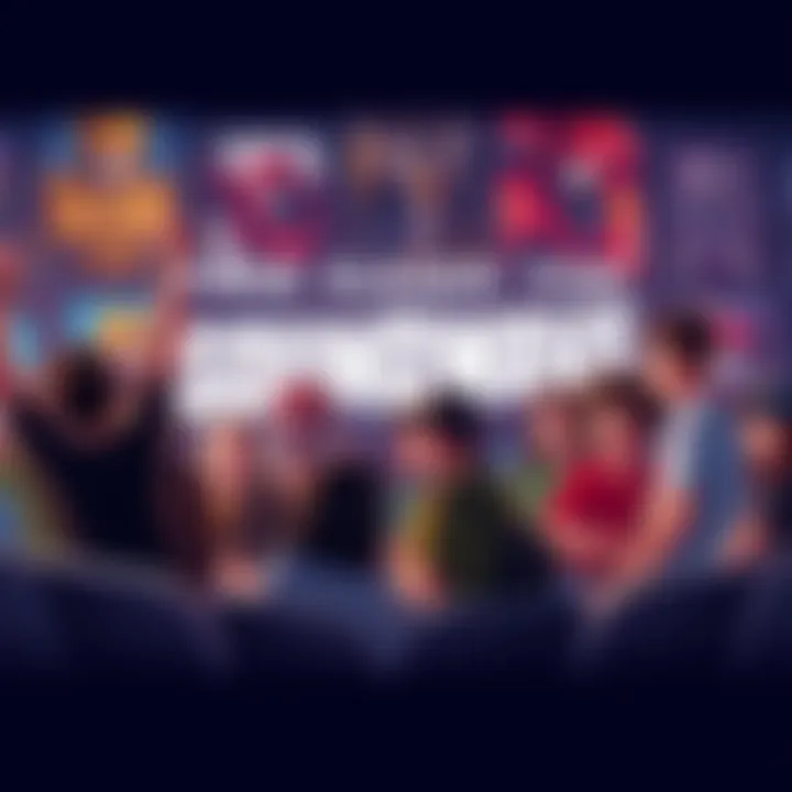 A group of excited fans discussing their favorite fight matchups for Soundwave 25, with posters of characters in the background.