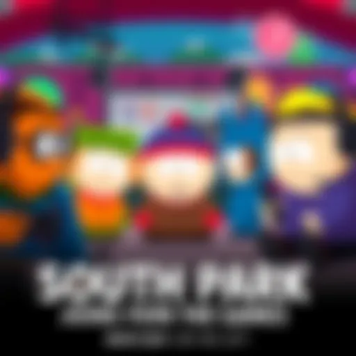A colorful illustration of iconic South Park characters discussing their next game appearances in a vibrant gaming environment.