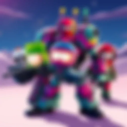 Colorful mech skins featuring South Park characters in Fortnite style