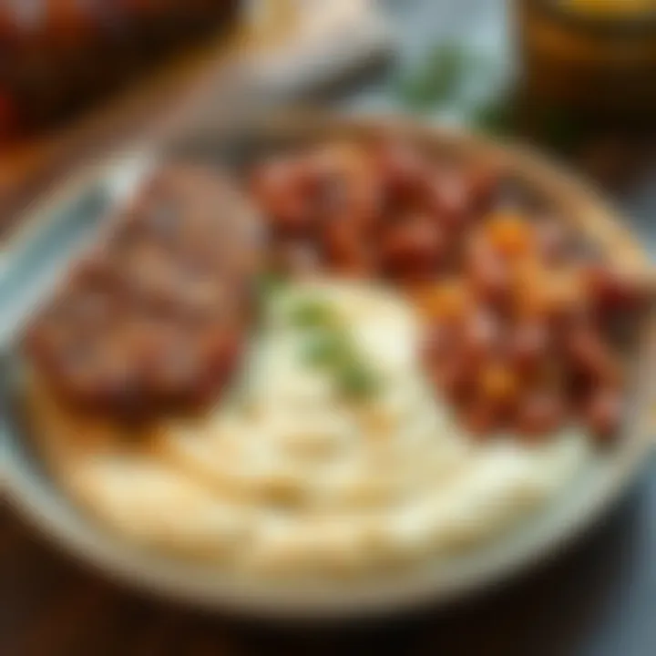 A plate featuring creamy grits, hearty meatloaf, and seasoned beans, representing Southern comfort food.