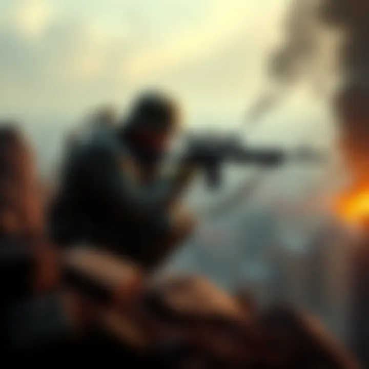 Soviet Sniper in WWII A Soviet sniper crouching with a rifle, overlooking a war-torn city, with smoke and ruins in the background.