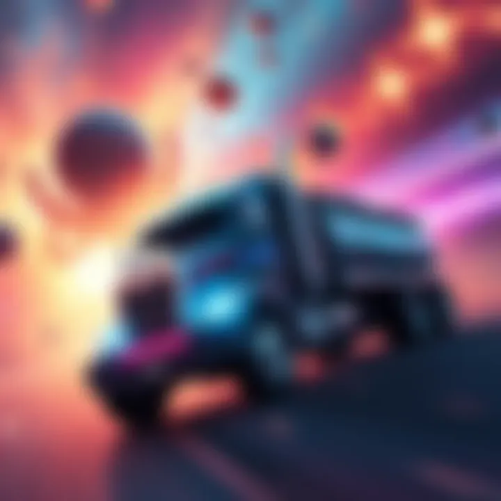 A futuristic space truck navigating through a vibrant cosmic background with stars and planets.