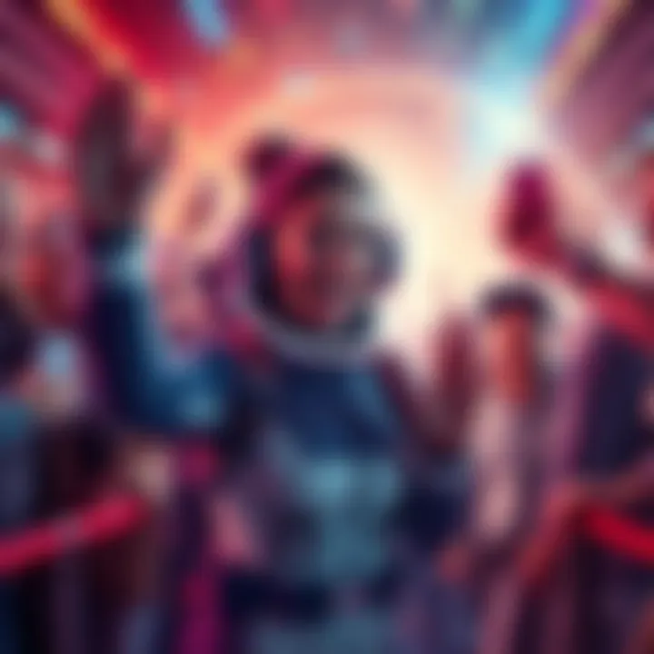 Space Mom excitedly announces her turn with Bite, surrounded by fans in a colorful space setting.
