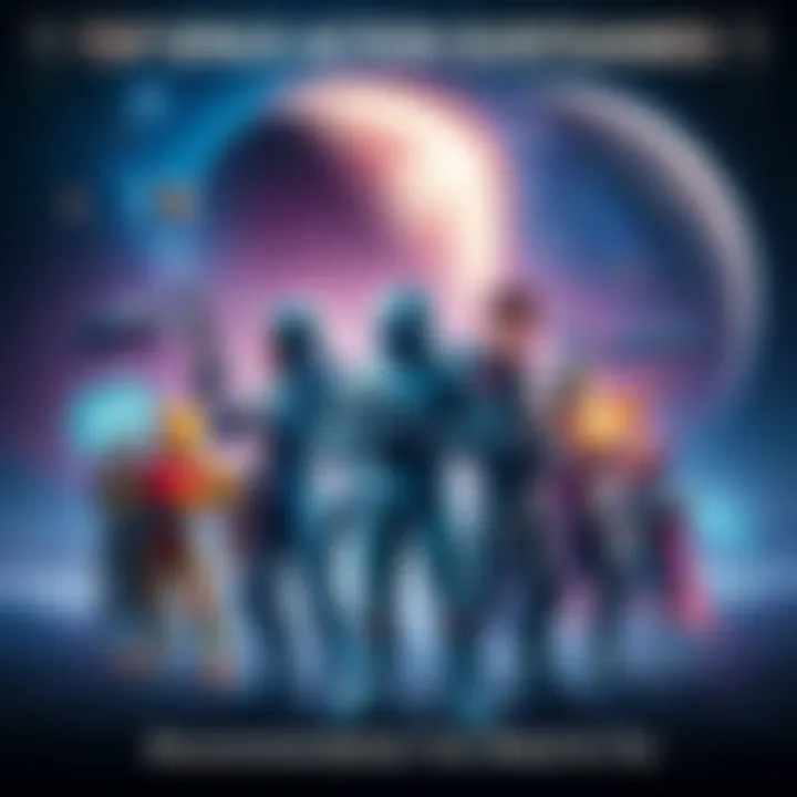 Space Action Game Characters A group of diverse space action game characters standing heroically in a cosmic background with stars and planets.