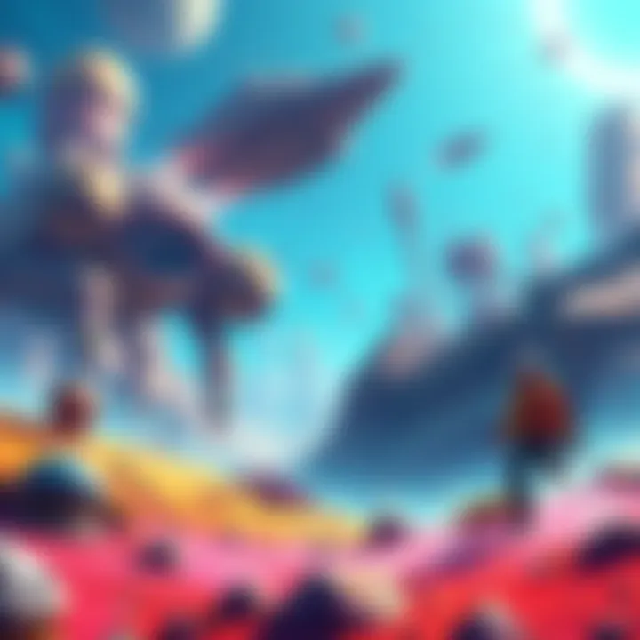 A vibrant scene showing a player exploring a colorful alien planet in JUMP SPACE, with spacecraft flying overhead and strange creatures in the background.