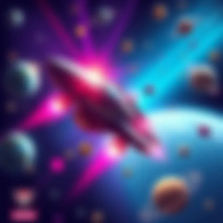Space Battle Game A colorful illustration of a spaceship engaged in battle among stars and planets, representing the game 'Save the World: Space'.