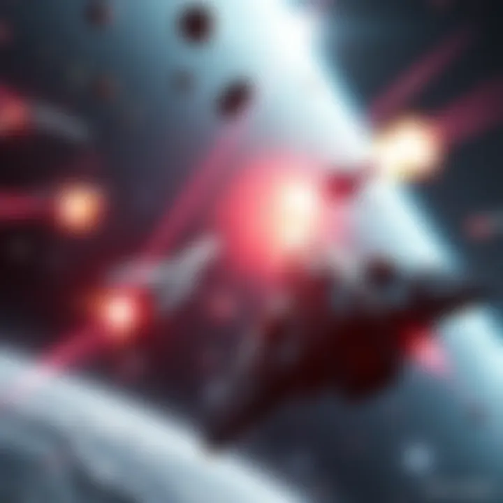 A space battle with ships engaging in combat; one ship is firing at another, triggering a visual warning for friendly fire. The scene shows vibrant space visuals with explosions and laser beams.